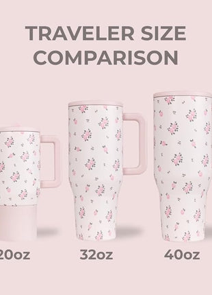 HydroJug Traveler - 40 oz Water Bottle with Handle & Flip Straw - Fits in Cup Holder, Leak Resistant Tumbler-Reusable Insulated Stainless Steel & Rubber Base - Gifts for Women & Men, Wildrose