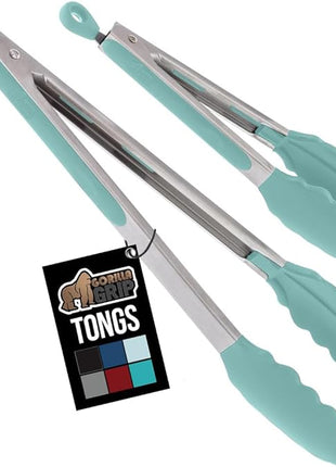 GORILLA GRIP Stainless Steel Heat Resistant Kitchen Tongs for Cooking, 9 + 12 Inch, Set of 2 BBQ Tong, Non Scratch Silicone Tip for Pan, Strong Grip, Grab Food, Toss Salad, Air Fryer, Pull Lock, Mint