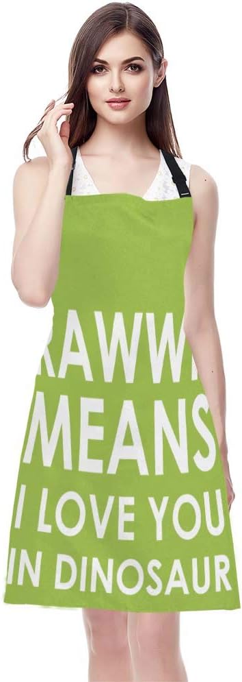 EKOBLA Rawwr Means I Love You In Dinosaur Aprons Funny Cute Phrase Green White Waterproof Resistant Chef Cooking Kitchen BBQ Adjustable Aprons for Women Men 27x31 Inch