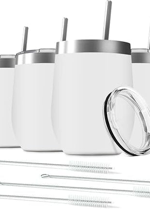 8 Pack 12 oz Stainless Steel Wine Tumbler with Lids, Double Wall Vacuum Insulated Travel Cup Including 8 Straws Set for Coffee, Cocktail, Drink, Tea and Beer (White)