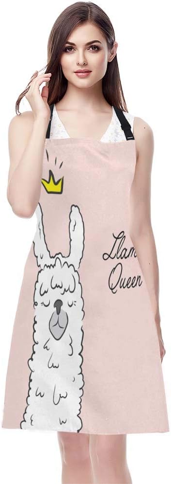 EKOBLA Llama Queen Aprons Alpaca Wearing Crown Funny Cute Animal Cartoon Waterproof Resistant Chef Cooking Kitchen BBQ Adjustable Aprons for Women Men 27x31 Inch