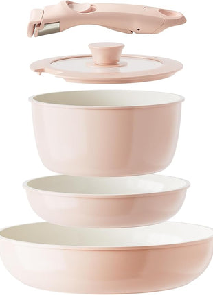 Redchef Ceramic Cookware Set, Removable Handle Pots and Pans Non-Stick, Rv Cookware Set, Non-Toxic Pots and Pans Set No PFAS, PTFE, PFOA, Detachable Pots and Pans, Dishwasher & Oven Safe (Pink)