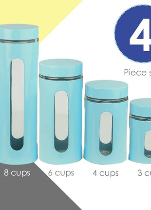 Kitchen Canisters Set For Countertop By Home Basics | Retro-Styled Canisters For Kitchen Counter | Stainless Steel and Glass, See-Through Windows (Turquoise), 4 Pieces