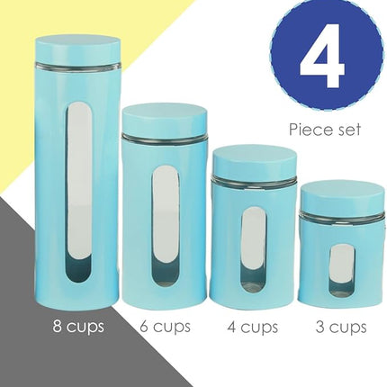 Kitchen Canisters Set For Countertop By Home Basics | Retro-Styled Canisters For Kitchen Counter | Stainless Steel and Glass, See-Through Windows (Turquoise), 4 Pieces