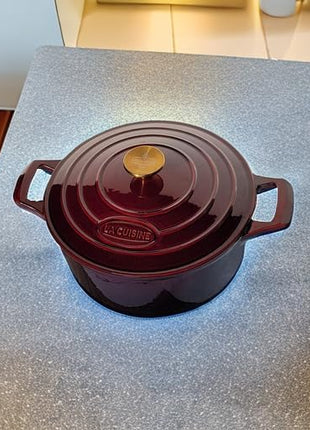 La Cuisine Enameled Cast Iron Dutch Oven Casserole Dish Pot with Lid, 5 QT 10.3“ /26cm Dia. Internal Matte Black Enamel Coating Gold-Plated SS Lid Handle Oven Safe up to 500° F, Cranberry