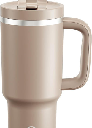 ENCOOL 32 oz Tumbler with Handle and Straw: Stainless Steel Insulated Tumbler Keeps Cold for 24 Hours, Leakproof Travel Cup Fits in Cup Holder and BPA-Free,Raw Umber