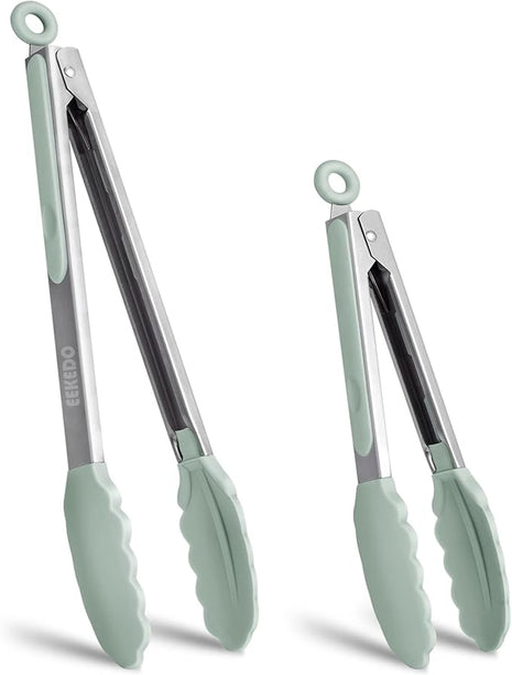 Kitchen Tongs, Stainless Steel Silicone Tongs for Cooking 600ºF High Heat-Resistant BBQ Grilling Locking Tongs, Set of 2-9" and 12" Light Green