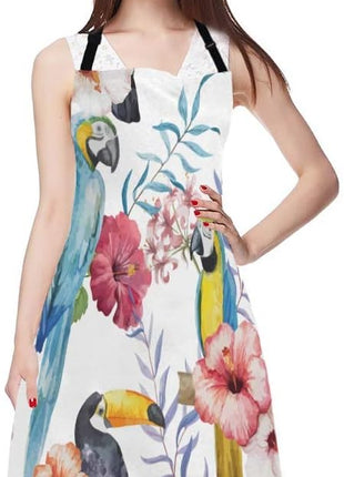EKOBLA Bird Aprons Watercolor Flower Print Animal Parrot Branches Beautiful Summer Plant Waterproof Resistant Chef Cooking Kitchen BBQ Adjustable Aprons for Women Men 27x31 Inch
