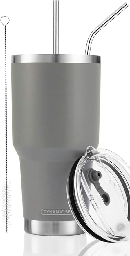 D·S 30oz Grey Tumbler Stainless Steel Insulated Travel Mug with Straw Lid Cleaning Brush (30oz Grey)