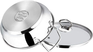 Vinod Stainless Steel Kadai with Glass Lid Extra Thick SAS Heavy Base Kadai for Cooking Induction and Gas Compatible 125 oz 10.14 in 2-Year Silver