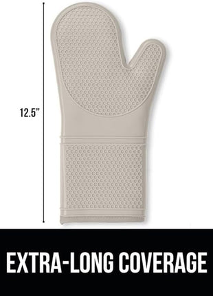 GORILLA GRIP BPA-Free Soft Silicone Oven Mitts, Heat Resistant and Waterproof Cooking Gloves, Thick Cotton Lining, Flexible Gripping for Baking Grilling, Kitchen Potholders Set of 2, 12.5x8.3, Almond
