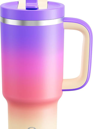 32 oz Tumbler with Handle and Straw: Stainless Steel Insulated Tumbler Keeps Cold for 24 Hours, Leakproof Travel Cup Fits in Cup Holder and BPA-Free, Peach Dream