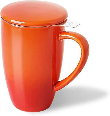 Sweejar Porcelain Tea Mug with Infuser and Lid,Teaware with Filter, Loose Leaf Tea Cup Steeper Maker, 16 Fl Oz for Tea/Coffee/Milk/Women/Office/Home/Gift (Gradient Orange)