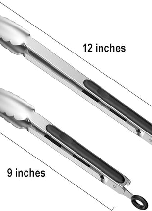 Set of 9-inch and 12-inch Stainless Steel Kitchen Tongs with Locking, Metal Cooking Tongs with Non-Slip Grip,Perfect for Grilling, Barbecue (BBQ) and More (9" & 12")
