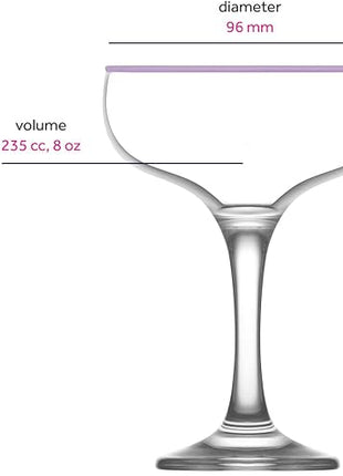 LAV Lead-Free Colorful Coupe Cocktail Glasses 8 oz Champagne Glass with Colored, Cleared Rims - Manhattan, Martini Glasses, Cocktails, Barware, Home, Restaurant, Birthday, Wedding Parties | Set of 4