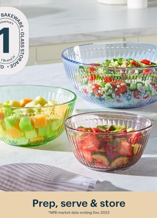 Pyrex Colors Tinted (3-Pack) Sculpted Tinted Unlidded Small/Medium/Large Glass Mixing Bowls, Nesting Space Saving Set of Bowls For Prepping and Baking, 1.3QT, 2.3QT & 4.5QT