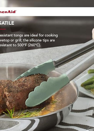 KitchenAid Gourmet Silicone-Tipped Stainless Steel Tongs, 12 Inch, Pistachio