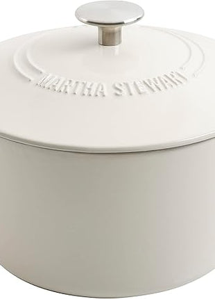 MARTHA STEWART Gatwick 7-Quart Enamel Cast Iron Dutch Oven – Linen Color with Silver Knob – Durable Heavy-Duty Dutch Oven for Slow Cooking and Braising