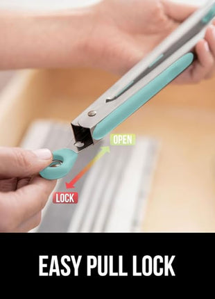 GORILLA GRIP Stainless Steel Heat Resistant Kitchen Tongs for Cooking, Set of 2 BBQ Tong, Non Scratch Silicone Tip for Pans, Strong Grip, Grab Food, Toss Salad, Air Fryer, Pull Lock, 7 + 9 Inch, Mint