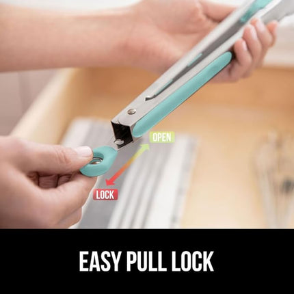 GORILLA GRIP Stainless Steel Heat Resistant Kitchen Tongs for Cooking, Set of 2 BBQ Tong, Non Scratch Silicone Tip for Pans, Strong Grip, Grab Food, Toss Salad, Air Fryer, Pull Lock, 7 + 9 Inch, Mint