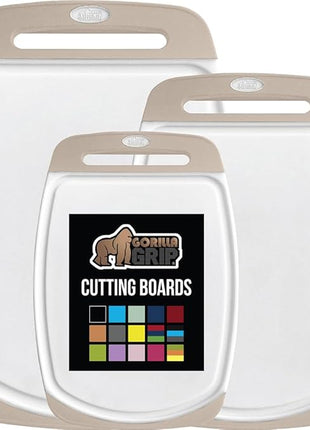 GORILLA GRIP BPA-Free Reversible Kitchen Cutting Board Set of 3, US Designed, Nonporous, Juice Grooves Catch Liquid, Slip Resistant Border, Dishwasher Safe, Durable Large Food Chopping Boards, Almond