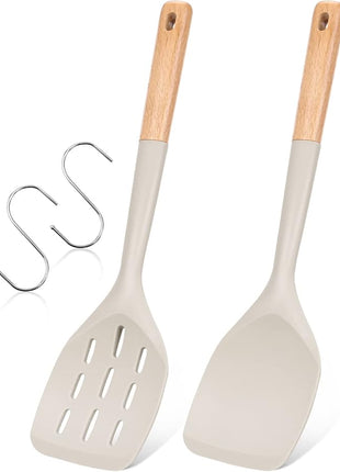Pack of 2 Silicone Spatula, Non Stick Cooking Utensil Set Wooden Handle Kitchen Turner for Baking Mixing Grilling Serving Food Heat Resistant Non Scratch Hooks Included (Khaki)
