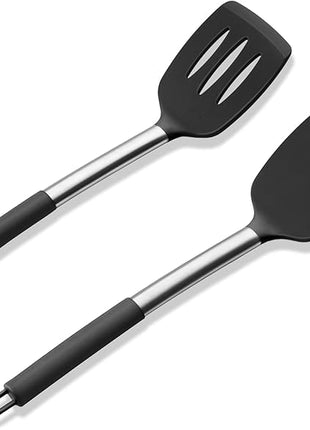 E-far Silicone Spatula Set of 2, Solid & Slotted Turner for Nonstick Cookware, Heat Resistant Rubber Kitchen Cooking Utensils for Flipping Fish Pancake Egg - Black