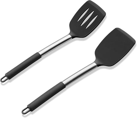E-far Silicone Spatula Set of 2, Solid & Slotted Turner for Nonstick Cookware, Heat Resistant Rubber Kitchen Cooking Utensils for Flipping Fish Pancake Egg - Black