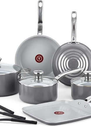 T-fal Fresh Gourmet Recycled Ceramic Non Stick Cookware Set 12 Piece, Oven Broiler Safe 500F, Lid Safe 350F, Kitchen Cooking Set W/Fry Pans, Saucepans, Dutch Oven, Utensils, Pots and Pans Set, Grey
