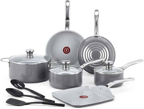 T-fal Fresh Gourmet Recycled Ceramic Non Stick Cookware Set 12 Piece, Oven Broiler Safe 500F, Lid Safe 350F, Kitchen Cooking Set W/Fry Pans, Saucepans, Dutch Oven, Utensils, Pots and Pans Set, Grey