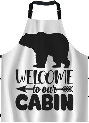 EKOBLA Welcome To Our Cabin Aprons Bear Portrait Arrow White Black Background Waterproof Resistant Chef Cooking Kitchen BBQ Adjustable Aprons for Women Men 27x31 Inch