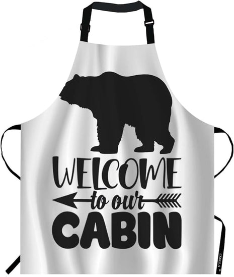 EKOBLA Welcome To Our Cabin Aprons Bear Portrait Arrow White Black Background Waterproof Resistant Chef Cooking Kitchen BBQ Adjustable Aprons for Women Men 27x31 Inch
