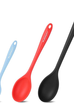 3 Pcs Silicone Spoons Set of 7.9 10.6 14.2 inch for Cooking, Heat Resistant Kitchen Spoons for Mixing, Stirring, and Serving, Small to Large Non Stick (Black & Red & Blue)