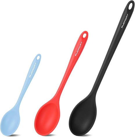 3 Pcs Silicone Spoons Set of 7.9 10.6 14.2 inch for Cooking, Heat Resistant Kitchen Spoons for Mixing, Stirring, and Serving, Small to Large Non Stick (Black & Red & Blue)