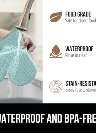 GORILLA GRIP BPA-Free Soft Silicone Oven Mitts, Heat Resistant and Waterproof Cooking Gloves, Thick Cotton Lining, Flexible Gripping for Baking Grilling, Kitchen Potholders Set of 2, 12.5x8.3, Mint