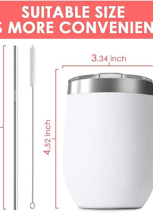 8 Pack 12 oz Stainless Steel Wine Tumbler with Lids, Double Wall Vacuum Insulated Travel Cup Including 8 Straws Set for Coffee, Cocktail, Drink, Tea and Beer (White)