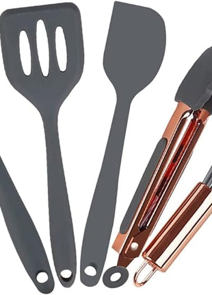 Rose Gold And Grey Mini Kitchen Utensil Small Five-Piece Set Tiny Silicone Kids Kitchen Tools Whisk Spatula Tongs Spoon And Slotted Spatula For Cooking(Kids Baking Supplies) Grey