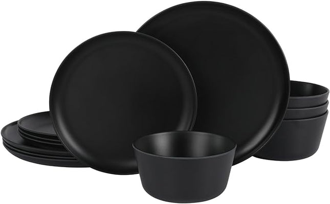 Gibson Home Fairhope 12-Piece Matte Black Melamine Dinnerware Set – Durable Lightweight Plates and Bowls, Kitchen Dining Set