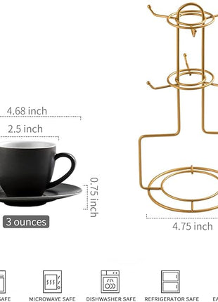 YHOSSEUN 3 Ounces Espresso Cups with Saucers Set, Porcelain Latte Cups and Metal Stand Demitasse Cups for Espresso, Latte, Cafe Mocha, Cappuccino and Tea, Set of 6, Black