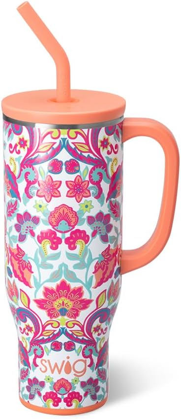 Swiglife 30oz Mega Mug, 30oz Tumbler with Handle and Straw, Large Insulated Tumblers, Cup Holder Friendly Travel Mug, Stainless Steel 30 oz Tumbler, Reusable Insulated Water Bottle (Flourish)