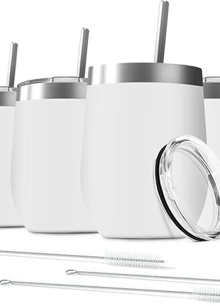 6 Pack 12 oz Stainless Steel Stemless Wine Tumbler with Leakproof Lids, Double Wall Vacuum Insulated Travel Cup Including 6 Straws set,for Coffee, Cocktail, Drink, Tea and Beer (White
