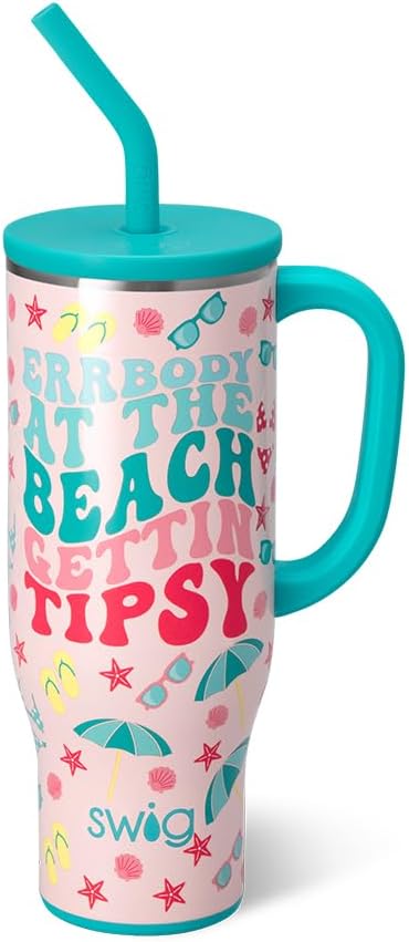 Swig Life 30oz Mega Mug, 30oz Tumbler with Handle and Straw, Large Insulated Tumblers, Cup Holder Friendly Travel Mug, Stainless Steel 30 oz Tumbler, Reusable Insulated Water Bottle (Errbody Beach)