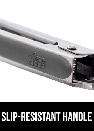 GORILLA GRIP Stainless Steel Heat Resistant Kitchen Tongs for Cooking, Set of 2 BBQ Tong, Non Scratch Silicone Tip for Pans, Strong Grip, Grab Food, Toss Salad, Air Fryer, Pull Lock, 7 + 9 Inch, Gray