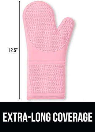 GORILLA GRIP BPA-Free Soft Silicone Oven Mitts, Heat Resistant and Waterproof Cooking Gloves, Thick Cotton Lining, Flexible Gripping for Baking Grilling, Kitchen Potholders Set of 2, 12.5x8.3, Pink