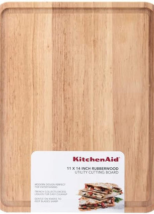 KitchenAid Classic Rubberwood Cutting Board with Perimeter Trench, Reversible Chopping Board, 11-inch x 14-Inch, Natural