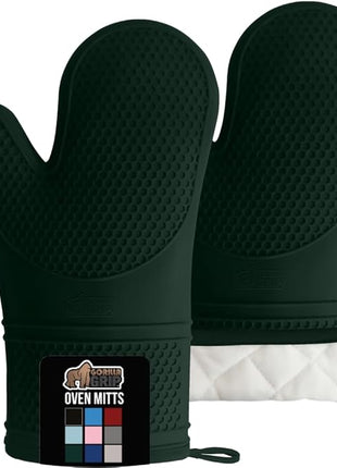 GORILLA GRIP BPA-Free Soft Silicone Oven Mitts, Heat Resistant and Waterproof Cooking Gloves, Thick Cotton Lining, Flexible Gripping for Baking Grilling, Kitchen Potholders Set, 12.5x8.3, Hunter Green