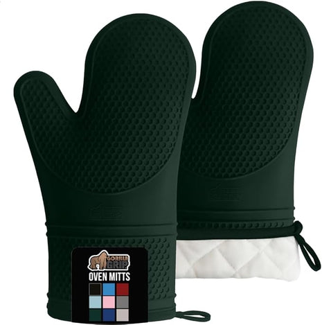 GORILLA GRIP BPA-Free Soft Silicone Oven Mitts, Heat Resistant and Waterproof Cooking Gloves, Thick Cotton Lining, Flexible Gripping for Baking Grilling, Kitchen Potholders Set, 12.5x8.3, Hunter Green