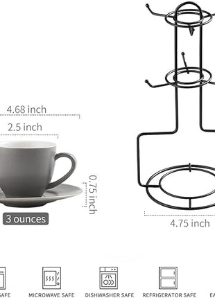 YHOSSEUN Porcelain Espresso Cups Set and Metal Stand 3 OZ Demitasse Cup For Coffee Shot, Mugs for Latte, Cafe Mocha, Cappuccino, and Tea, Serve for 6 Gray