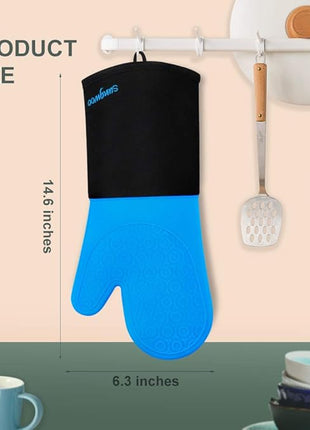 sungwoo Extra Long Silicone Oven Mitts, Heat Resistant Oven Gloves with Quilted Liner Non-Slip Textured Grip Perfect for BBQ, Baking, Cooking and Grilling - 1 Pair 14.6 Inch Blue & Black