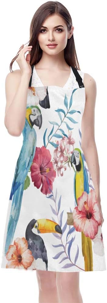 EKOBLA Bird Aprons Watercolor Flower Print Animal Parrot Branches Beautiful Summer Plant Waterproof Resistant Chef Cooking Kitchen BBQ Adjustable Aprons for Women Men 27x31 Inch